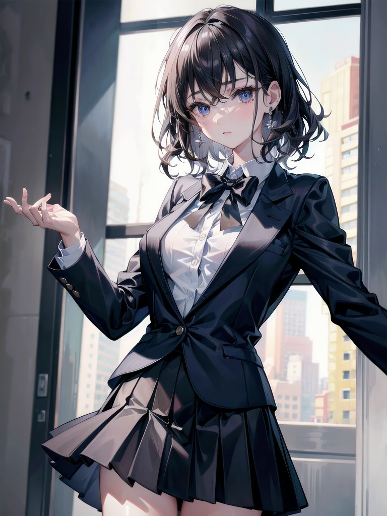 absurdres, RAW photo, extremely delicate and beautiful, masterpiece, Best Quality, ultra high resolution, 32k, hyperrealistic, ultra-detailed, perfect figure, tearful mole, earring, whole body shot, short medium hair, wavy hair, collared button-down shirt, blazer, skirt,