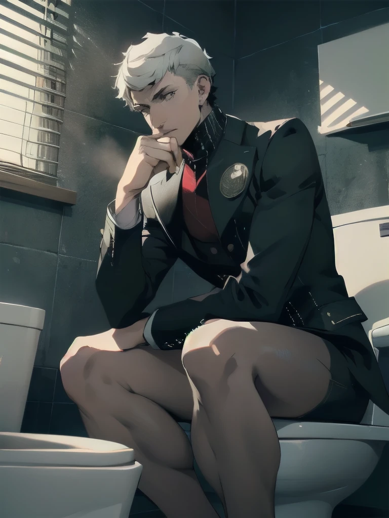 Super detailed,masterpiece,8K Illustration,Highly detailed CG Unity 8k wallpaper,highest quality,Absurd,Official Art,Detailed skin texture, Detailed cloth texture,Intricate details, Super detailed, Best lighting,Ultra-high resolution,8K Ultra HD,Dramatic lighting,delicate,break,
(Igor from persona5), 1 old man, Sit on the toilet, Meditation, Vulture&#39;s nose, Bald, Tuxedo, suit, suitケース,