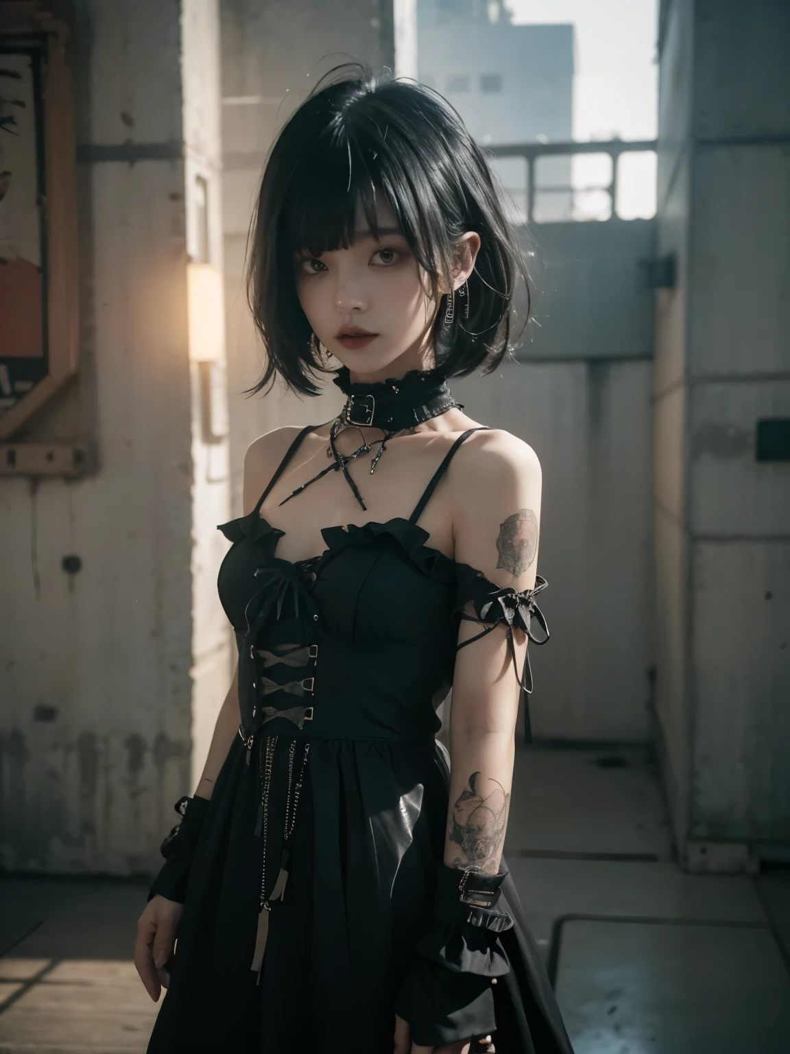 cowboy shot, technoir, cool colors, artistically refined, true-to-life visuals, breathtaking aesthetics, tranquility, subdued lighting effect, diffused natural skin glow, Girl observing, 24-years-old, slender, floating Medium Hair, bangs, (Gothic_punk dress:1.2), masterpiece, best quality, RAW Photos, candytt, Detailed costume