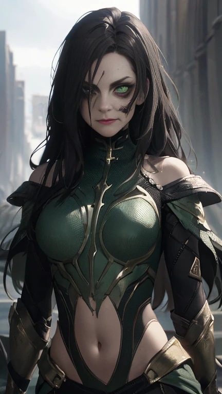 (Highly quality, masterpiece, detailed), undead city detailed scenario, undead city detailed background, 1girl, black hair, long hair, armor, bare shoulders, green eyes, crop top, silme, navel, perfect face, beautiful eyes, look at the viewer, Sexy pose