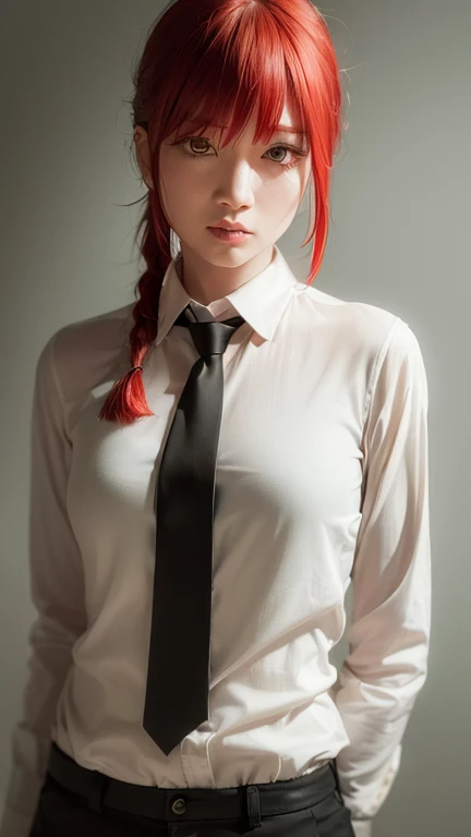(8k, RAW photo, masterpiece, best quality, realistic:1.4), makima \(chainsaw man\), (red hair)+(long braided hair)+(bangs), yellow eyes, golden eyes, (ringed eyes), ((asian)), (white shirt), (necktie), tied up bangs, stare, smile, (evil:1.2), medium long shot, looking at viewers,