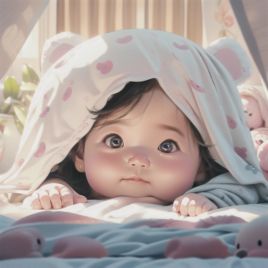 masterpiece,best quality,ultra-detailed,1girl,Cute baby,depth of field,stuffed toy,on the bed,curtains,hat,animal ears,
