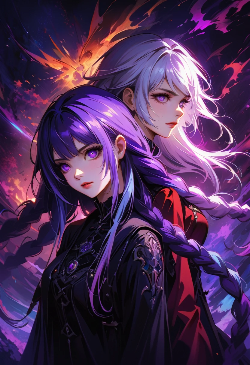 beautiful detailed eyes, beautiful detailed lips, extremely detailed eyes and face, long eyelashes, A couple girl and man Back-to-back, fractal art, yinji, purple hair, purple eyes, long hair, white hair, double braids, gradient hair, Gothic style clothing, dark fantasy, dramatic lighting, cinematic composition, highly detailed, 8k, best quality, award winning, dramatic atmosphere, chiaroscuro, Gothic, moody, mystical, ethereal Atmospheric, cosmic, Psychedelic, dreamlike, fear, abstract background: 1.5