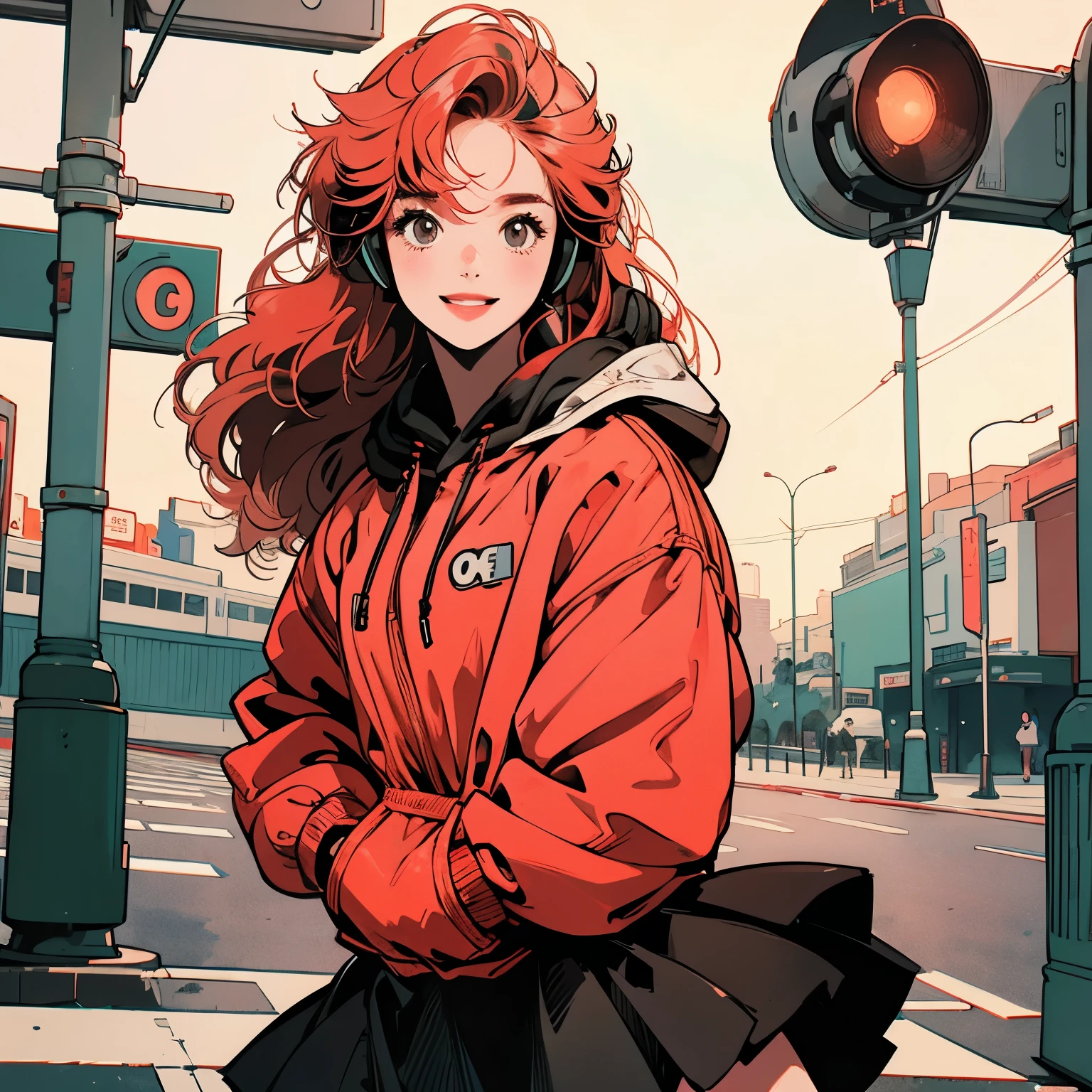whole body、Kind Face、1 pretty woman、Hoodie with hood、skirt、pedestrian crossing、Signal 、intersection、Complex background、Detailed Hair、smile、pale red hair、Faint lighting、Wearing headphones、There is movement