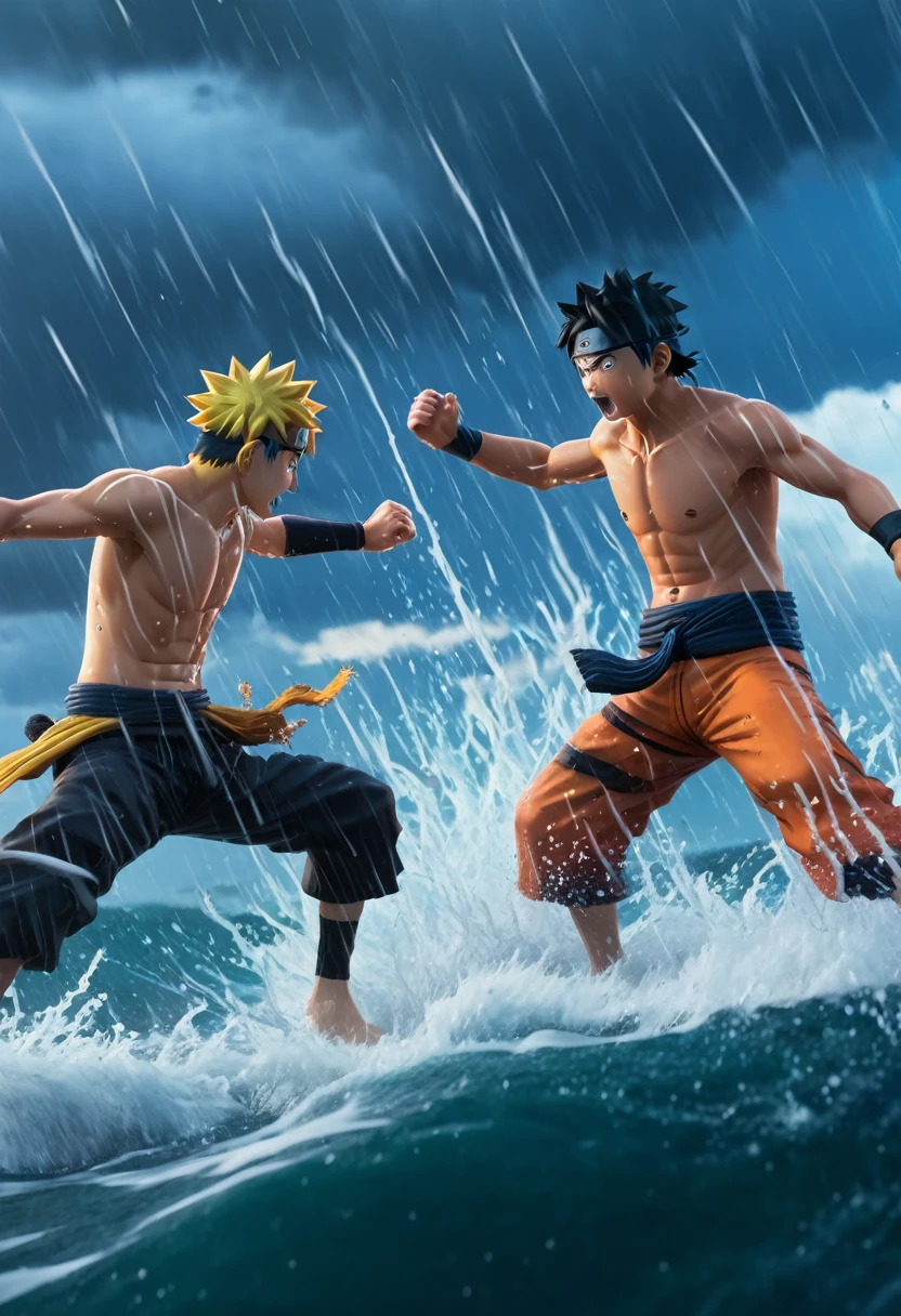 A highly detailed and dynamic scene of Naruto and Luffy locked in an intense battle in the middle of the vast ocean, water splashing all around them, (best quality,4k,8k,highres,masterpiece:1.2),ultra-detailed,(realistic,photorealistic,photo-realistic:1.37),two powerful anime characters, Naruto and Luffy, dramatic action pose, dynamic movement, water splashing, ocean background, stormy sky, cinematic lighting, vivid colors, intricate details, (epic:1.2),(dynamic:1.2) Naruto is fighting with his Rasingan