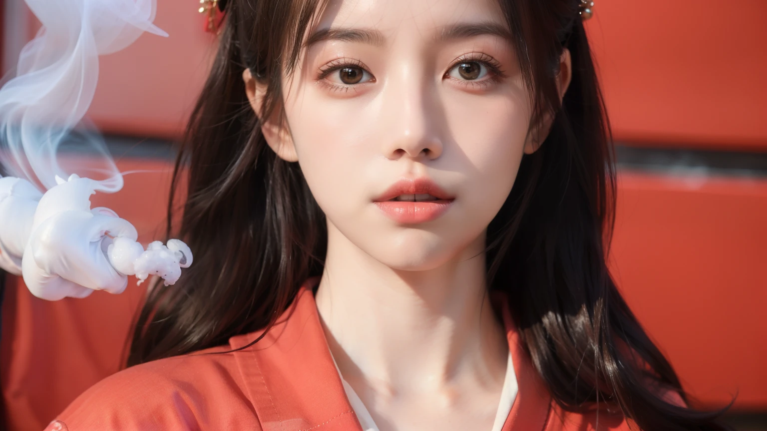 ((highest quality)), ((masterpiece)), (detailed), Perfect Face、geisha、Exhale smoke、hair ornamentarijuana、Overall photo、Angel Energy、Wide plateau、Floating in the air、Red kimono、The elevation is 5000m