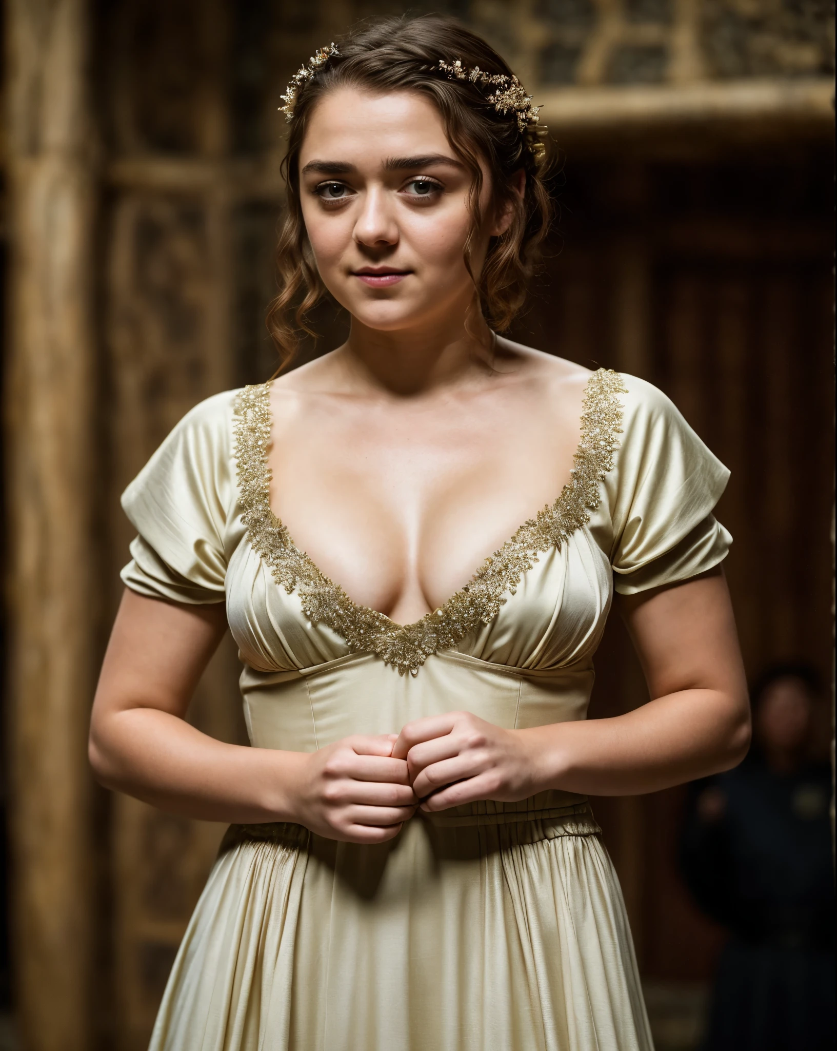 Foto RAW, Arya Stark, Stunning Beauty, Ravishing, Enchantress, Extremely gorgeous lady, Arya Stark PLAYED BY MAISIE WILLIAMS, Queen Arya Stark, she  a mature woman now, milf, sexy mediaeval battle dress, gladiator woman, body, 40 years old Woman, Roman slave dress, cotton dress, busty mediaeval costumes, body revealing costumes, perky breast, big natural breast, erotic costumes, lusty physique, seductive figure can capture every people's attention, Game of thrones costumes, revealing captivating figure, Mediaeval costumes, revealing clothes, A tomboy, she would rather fence than dance, warrior queen , game of thrones screen caps, Game of Thrones Series, (pele altamente detalhada: 1.2), 8k UHD, DSLR, soft-lighting, alta qualidade, grain of film, Fujifilm XT3, flawless picture, highly detailed, detailed Beauty, intricate, 32k, sharp picture,