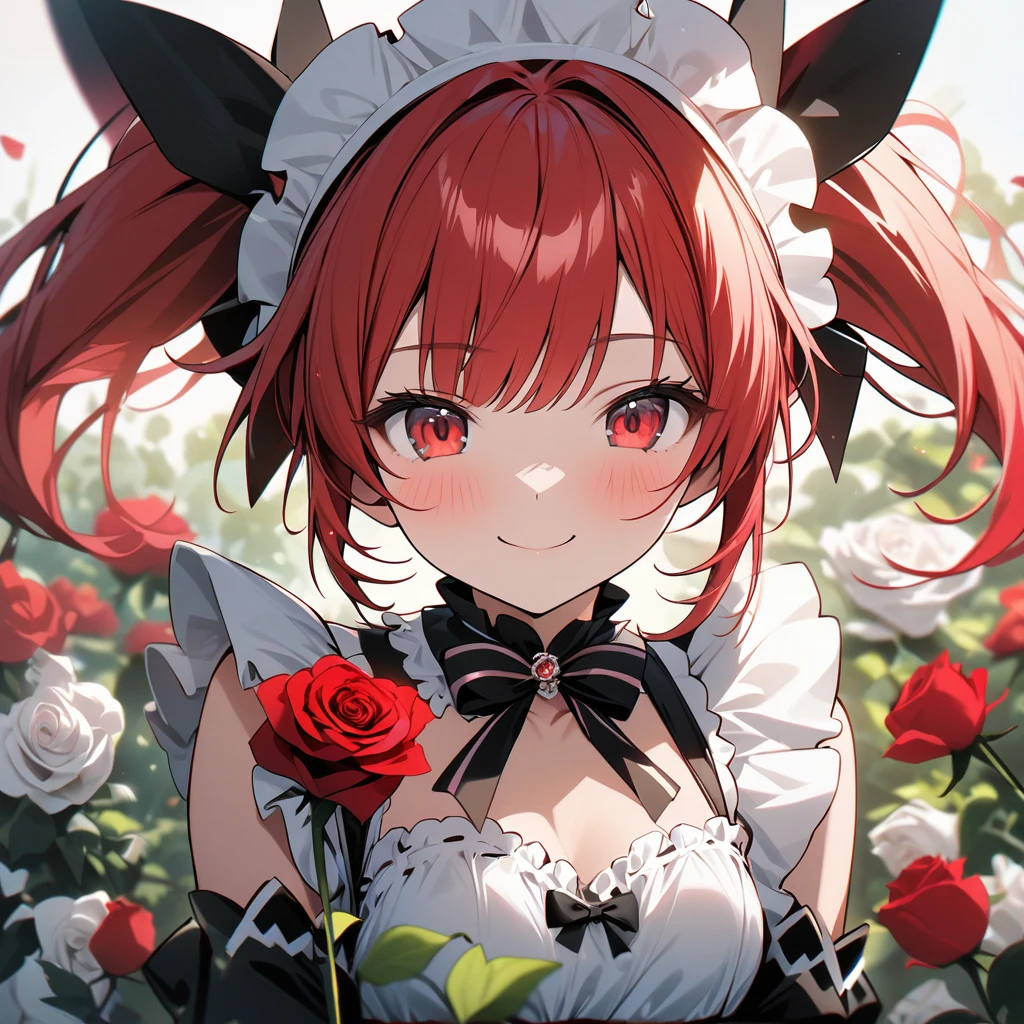 High quality, high definition, hig
h precision images,8k 1Girl、red hair,Twin tails,Red eyes.(robot style red and white barrette)、colorful maid Cafe, White and red luxurious frilled maid outfit,A single rose is blooming,The surrounding area is a flower garden filled with white roses.A single red rose that bloomed Staring with a smile,red rose close up