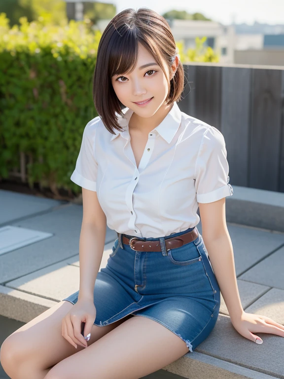 (Highest quality: 1.5), (Realistic: 1.5), (1 person: 1.5), Highly detailed, High resolution, 8k, slightly saggy medium breasts, Natural colored lips, Cute smile, Japanese woman, 20 year old girl, beautiful and graceful features, perfect and beautiful face, balanced big eyes, brunette eyes, beautiful and graceful features, natural double eyelids, natural bangs, beautiful thin nose, beautiful skin, medium bob hair , natural bangs , perfect and beautiful face, slim face and figure, blue summer sky,  socks, (looking at the camera with a sweet smile), bright lighting, professional lighting, forward lighting, beautiful legs: 1.2, smooth skin, slender body, slim waistline, slim thin thighs,  cleavage, detailed clothes, micro mini skirt, special week \(umamusume\), special week uniform, special_week_\(Umamusume)、 sit on the roof ,