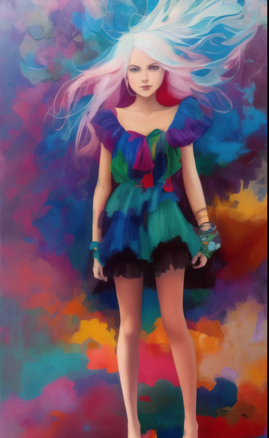 Colorful and catchy clothes that fully express the tropical atmosphere of the southern climate, a girl with long, miraculous mesh-colored hair that seems to have a similar world view and colorful passion, and dynamic and expressive art. A painting with a precise yet loose feel, with colors that resemble a mixture of oil painting, paint, and crayon.