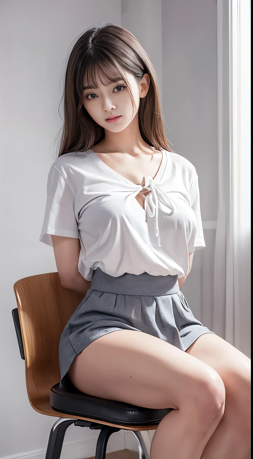 8k, Raw photo, highest quality, masterpiece:1.2), masterpiece, highest quality, figure, Very detailed, Fine details, High resolution, 8k,wallpaper, Perfect dynamic composition,(Detailed high quality, Realistic depiction of eyes:1.3)、A woman who has been and tied up、Arms wrapped around his back、Sitting with her legs apart on a chair in the room、White panties are visible、Facing forward、21talent、Beauty、Well-formed face、Make your eyes even、Beautiful black hair、Has bangedium build、Well-balanced proportions、Beautiful legs、Short sleeve shirt、Long skirt、