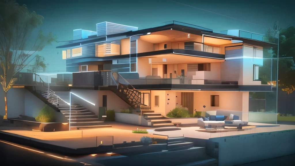 Illustration of a modern house with stairs and living room, 3d rendering beeple, abstract 3d rendering, depicted as a 3 d render, 3d rendering风格, 3D ios room photos, beautiful 3d rendering, 高清晰度 3d rendering, 3d rendering, 3d rendering, Beep Rendering