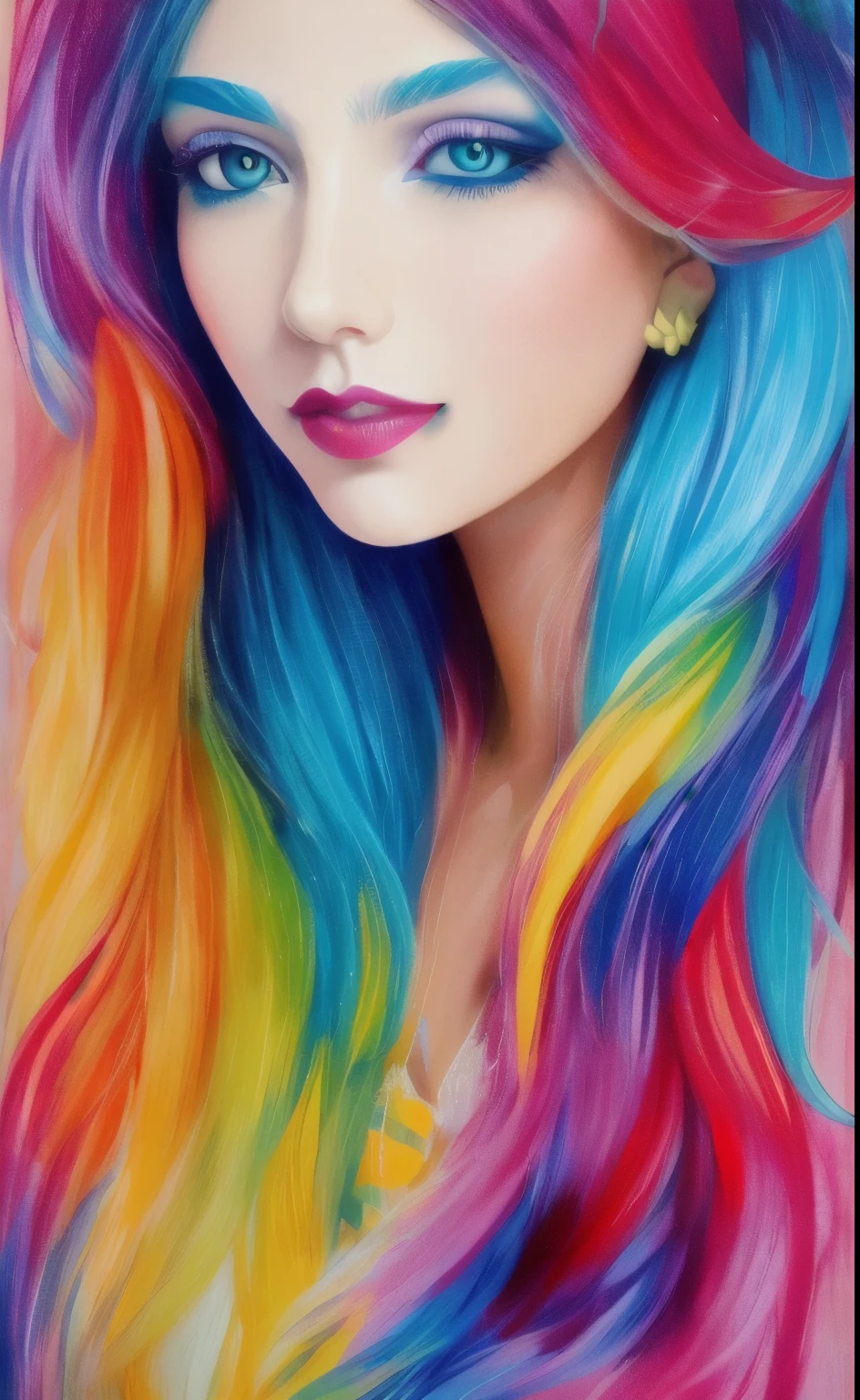 Colorful and catchy clothes that fully express the tropical atmosphere of the southern climate, a girl with long, miraculous mesh-colored hair that seems to have a similar world view and colorful passion, and dynamic and expressive art. A painting with a precise yet loose feel, with colors that resemble a mixture of oil painting, paint, and crayon.