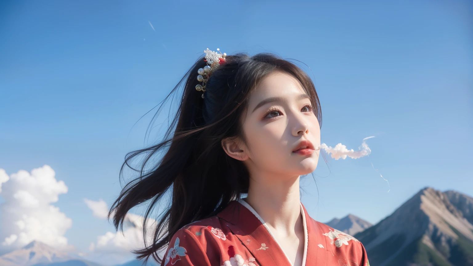 ((highest quality)), ((masterpiece)), (detailed), Perfect Face、geisha、Exhale smoke、hair ornamentarijuana、Overall photo、Angel Energy、On top of the mountain、Floating in the air、Red kimono、The elevation is 5000m
