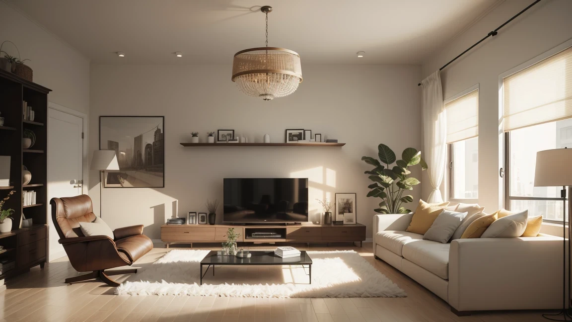 There is a living room with a sofa, Chair, Coffee table and a lamp, Comfortable modern living room, Cream-colored medieval room, Brown soft leather model, Warm living room background, Placed in a large living room, Cozy living room interior, modern living room, Living room background, Living room wall background, Sand-colored walls, There is in the living room, Beige color scheme