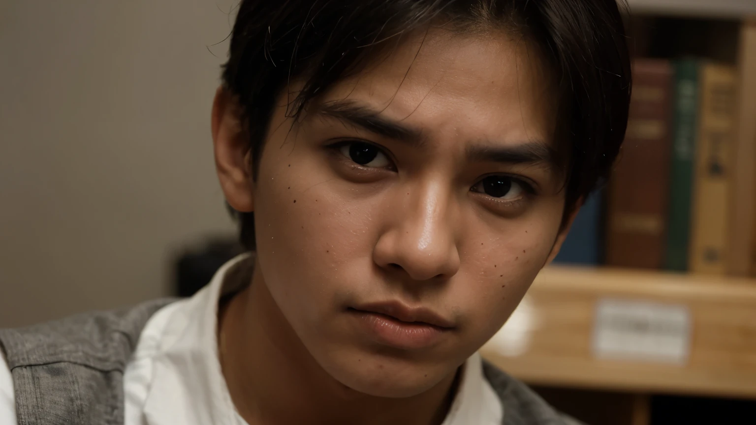 medium close up face of malayan young man frustrated in dark office ambience