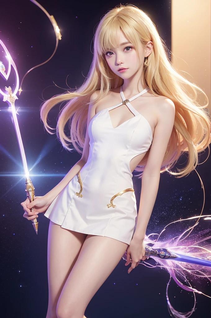 1 Magical Girl, (Highly detailed CG Unity 8k wallpaper), The most beautiful works of art in the world, Magic ???, 10 years old, Blonde, Double tail, Slim and youthful figure, White skin, Clothes with prominent shoulders, has a beautiful face, Purple wizard costume, shine, surrounded by dreamy light, Deep purple dark background, Fantastic background, Looking at the audience, fantasy, movie lighting