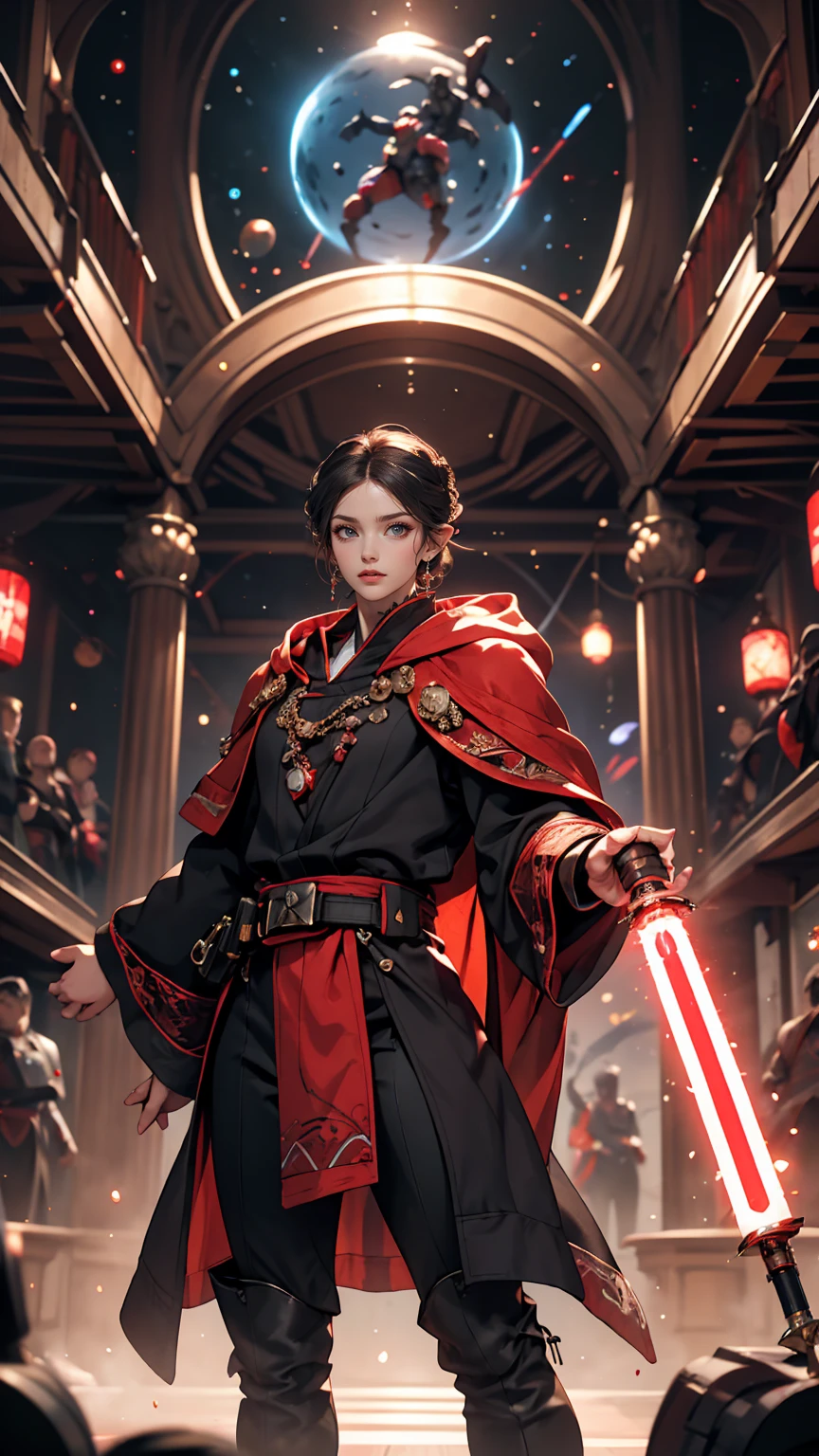 Princess Zelda full body shot, Black Hair, Red eyes, Dressed as Ray Skywalker, 30 years old, mature, XL Bust, Holding a red lightsaber in one hand, Wearing a black cloak with red trim, Finding, In combat mode, background: Inside the Death Star space station, Unreal Engine 5, anime, anime style, masterpiece, Well drawn eyes, Well-drawn faces, 細部までWell drawn eyes, 細部までWell-drawn faces, 8k, Light and shadow effects.