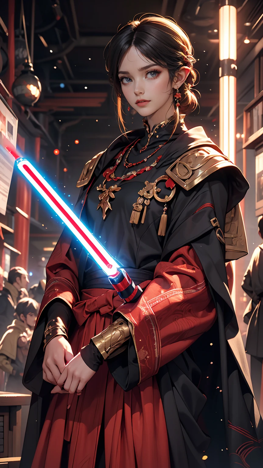 Princess Zelda full body shot, Black Hair, Red eyes, Dressed as Ray Skywalker, 30 years old, mature, XL Bust, Holding a red lightsaber in one hand, Wearing a black cloak with red trim, Finding, In combat mode, background: Inside the Death Star space station, Unreal Engine 5, anime, anime style, masterpiece, Well drawn eyes, Well-drawn faces, 細部までWell drawn eyes, 細部までWell-drawn faces, 8k, Light and shadow effects.