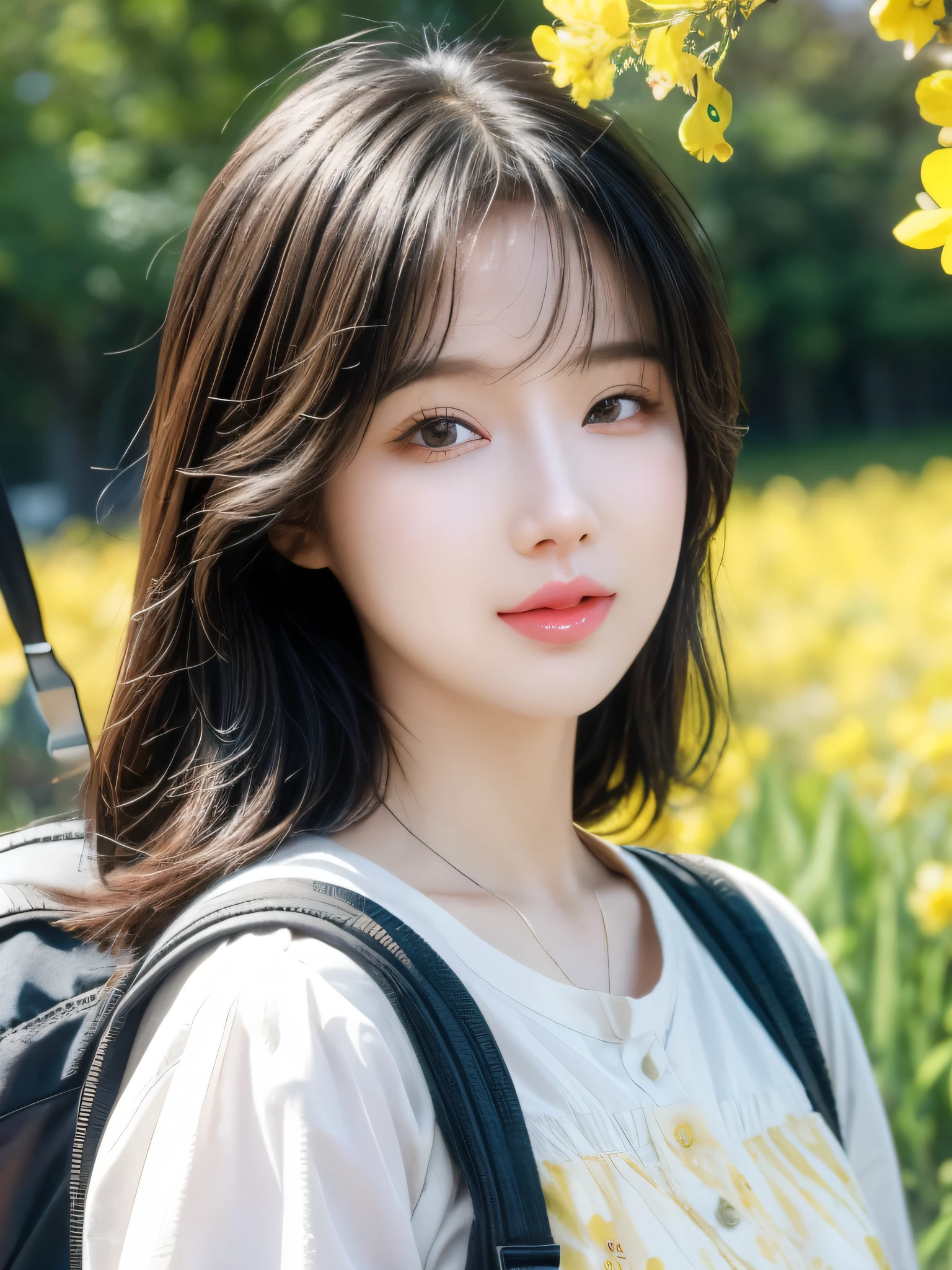 Very charming  with her backpack and cute puppy (Husky) Enjoy a lovely spring outing surrounded by beautiful yellow flowers and nature.. 4k resolution, HD, illustration, very detailed, facial features, cartoon, visual effects.  