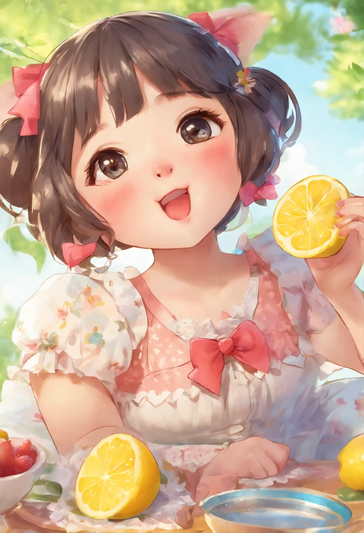 (Masterpiece, Best quality:1.2), A delightful and endearing chibi-style illustration of a female character with a puckered face, sour face, her eyes closed tightly as she bravely attempts to eat a lemon slice. She wears a charming dress adorned with a bow and her dark hair tied up in a playful ponytail. The background is a cheerful and lighthearted scene, accentuating the amusing and interactive nature of the moment., illustration. Best quality, hyper HD, Masterpiece, Anatomically correct, A high resolution, 16k