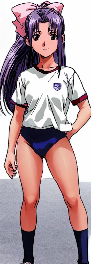 Momoko Koigakubo, a tall girl with beautiful legs, is wearing white gym clothes and light navy blue bloomers that look like panties, and is standing with her legs spread to the sides, doing the Komaneci pose with both hands, smiling.