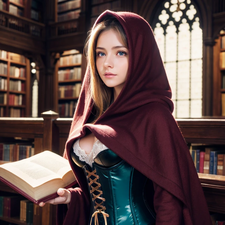 1girl, Cute witch girl, wearing large maroon hoodie, black corset, holding a book, trinity library background (photo realistic:1.4), (hyper realistic:1.4), (realistic:1.3), (smoother lighting:1.05), (increase cinematic lighting quality:0.9), 32K, 14yo girl, realistic lighting, backlighting, light on face, ray trace, wolf blonde hair with blue eyes, black corset, trimmed leg wear, huge maroon hood up, gorgeous face, high resolution, detailed face, not smiling, long hall library background, hair covering half of the face (brightening light:1.2), (Increase quality:1.4), (best quality real texture skin), finely detailed eyes, finely detailed face, (tired and sleepy and satisfied:0.0), (Increase body line mood:1.1), shiny skin