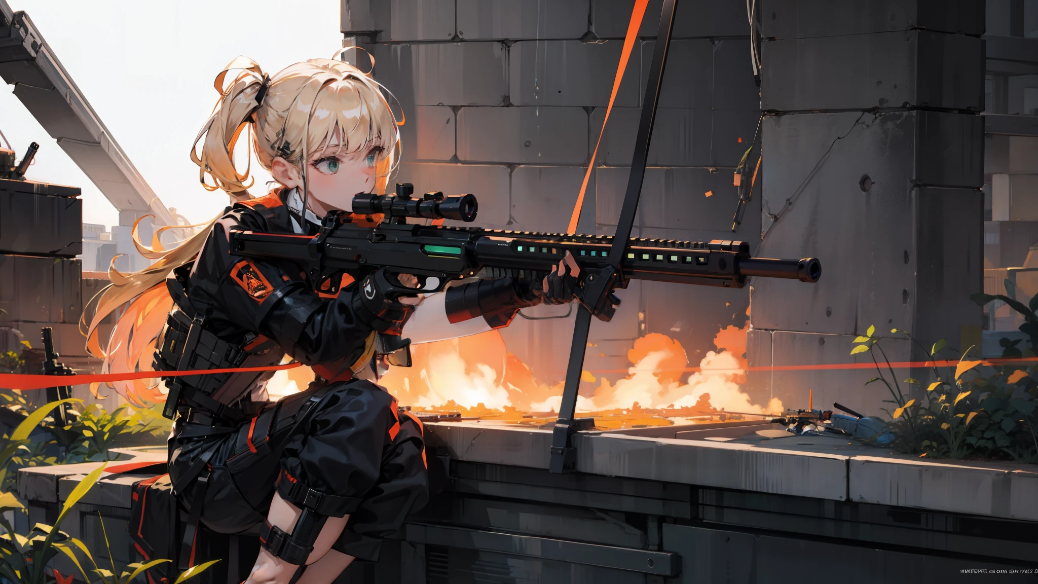 1 girl, solo, {{masterpiece, best quality, extremely detailed CG, unity 8k wallpaper, cinematic lighting, lens flare}}, a girl shooting a rifle, wide view, full body, thick body, long blond hair, green eyes, (holding weapon, holding rifle, aiming, aim, open fire, firing:1.4), gun, h&k hk416, carbine, (side view:1.4)