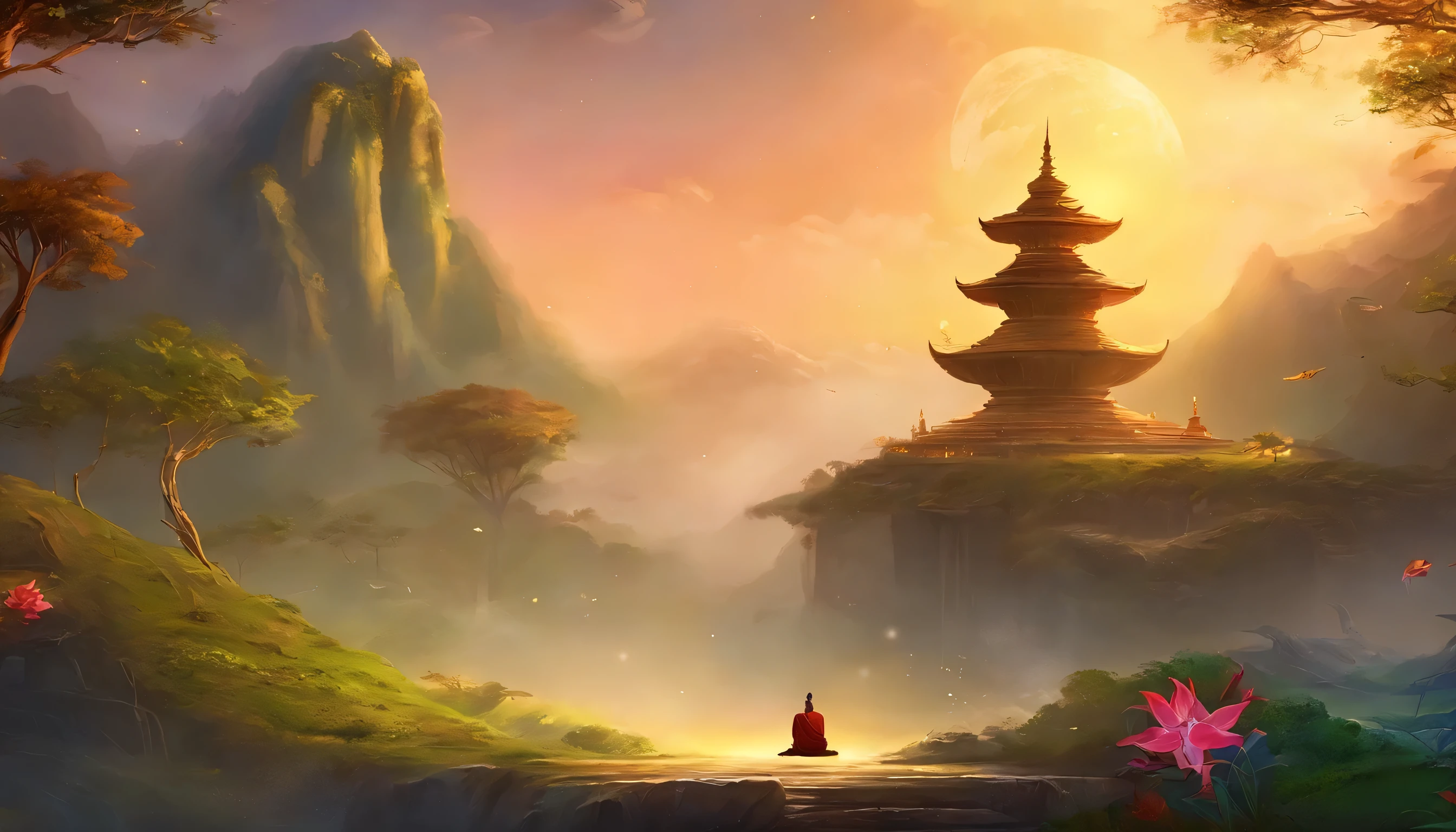 Captivate the audience, Full body meditation posture, Place your hands on your thighs, An old monk is sitting,Very old monk,(Praying in the lotus position),Buddhist monk meditating, (Front view),Close your eyes and meditate, Peaceful look, Front Angle,Big Light,hinduism,Beautiful images,Epic cinematic shots,Ultra-photorealism,8k
