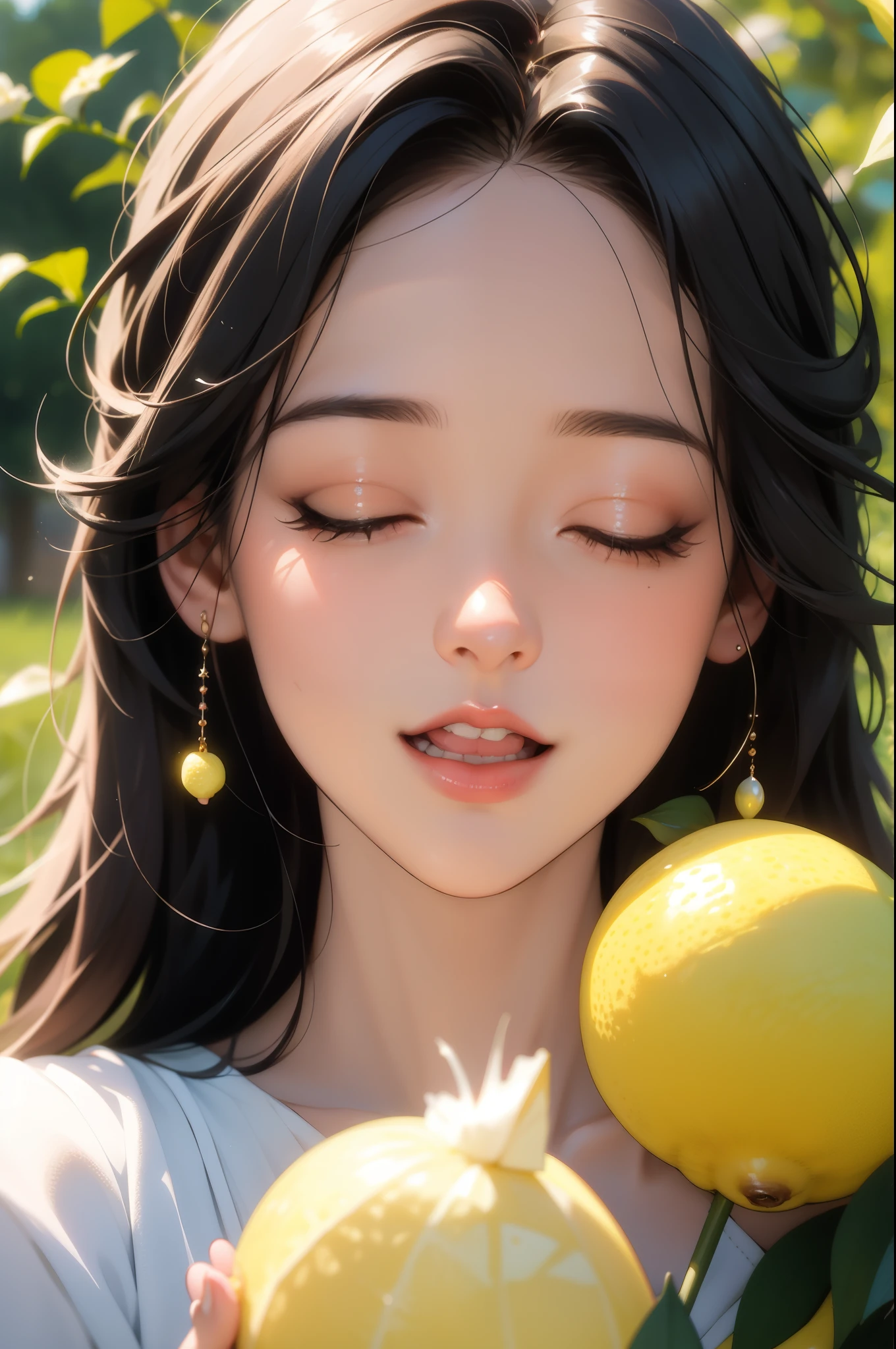 (a beautiful girl with long hair,(girl eating a lemon piece),girl in a flowery meadow,cute girl, closed eyes, tear, open mouth,girl holding lemon,natural lighting, lemon garden,sunlight,intricate details,highly detailed,8k,photorealistic,ultra-detailed,vibrant colors,warm colors,soft focus,magical realism,fantasy,whimsical,soothing atmosphere)
