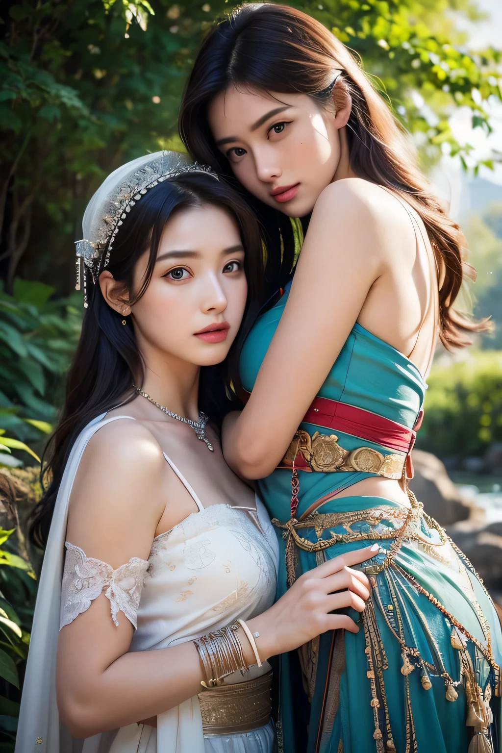 ((Realistic:1.5))(Best quality)), ((Masterpiece)),((Detailed)),2girls,duo,{2 beautiful women}, (Upper body:1.3),Hug and touch each other, Tease your friend's waist, Breathless friends, Biting a friend's earlobe, crouched,super wide shot,Face focus, Long legs,Curvy, Barefoot,Wide hips, Thin legs, Oversized eyes,Long eyelashes, (Detailed face,beautidful eyes, detailedpupils,detailed clothes features, Clear background:1.3), (armlets, bangle:1.3), Mysterious ancient ruins, floresta exuberante, Deep canyon,bridge,River,cliff,Cloud,lakes,Rock music,Waterfalls, Flowers, Grass,grape trees,tree,bright detail,Sharp,Perfect compounding, Intricate, Sharp focus, Dramatic,