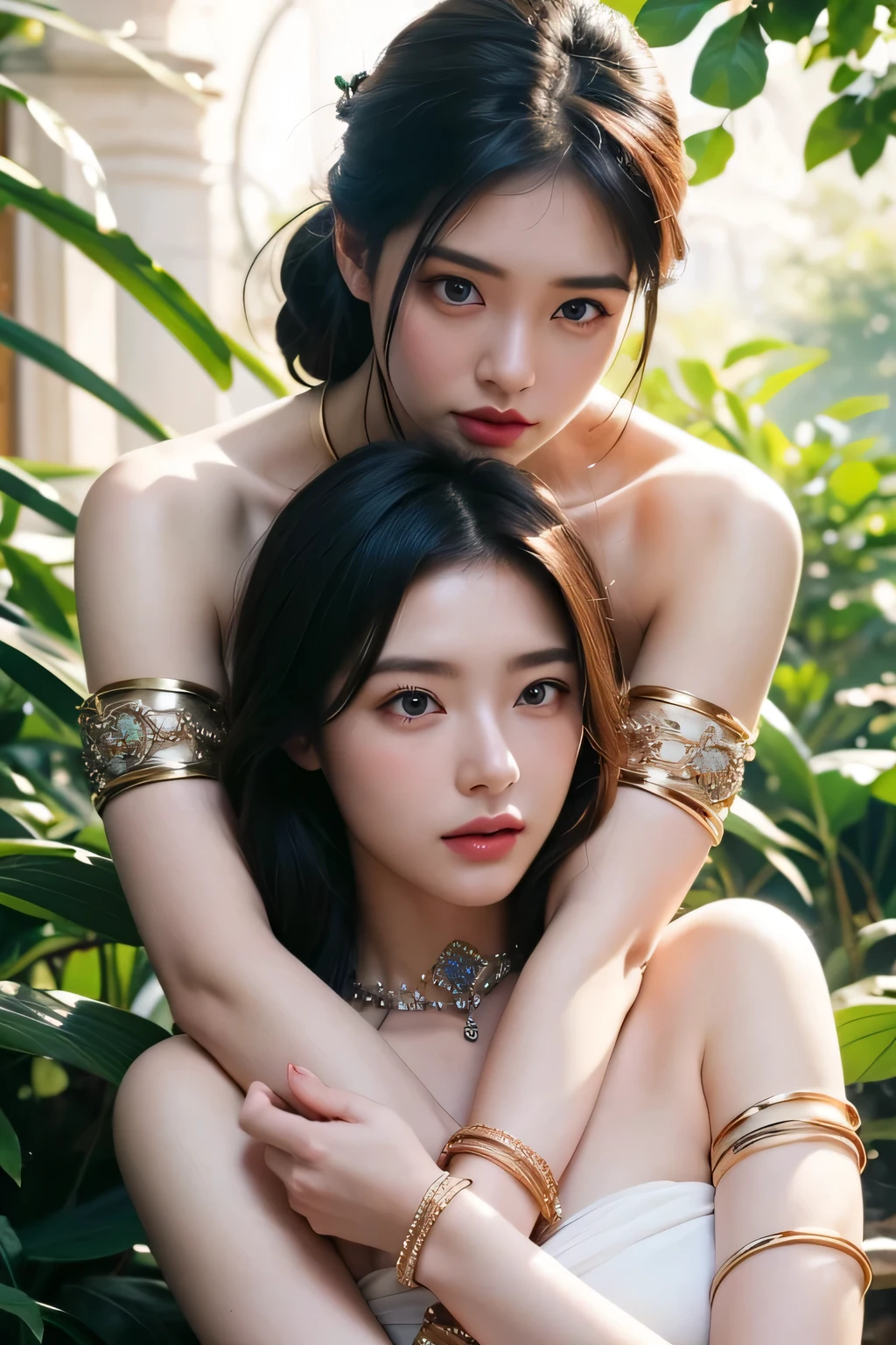 ((Realistic:1.5)),Ulzzang-6500:0.7,((Best quality)), ((Masterpiece)),((Detailed)),2girls,duo,{2 beautiful women}, (Upper body:1.3),Hug and touch each other, Tease your friend's waist, Breathless friends, Biting a friend's earlobe, crouched,super wide shot,Face focus, Long legs,Curvy, Barefoot,Wide hips, Thin legs, Oversized eyes,Long eyelashes, (Detailed face,beautidful eyes, detailedpupils,detailed clothes features, Clear background:1.3), (armlets, bangle:1.3), Mysterious ancient ruins, floresta exuberante, Deep canyon,bridge,River,cliff,Cloud,lakes,Rock music,Waterfalls, Flowers, Grass,grape trees,tree,bright detail,Sharp,Perfect compounding, Intricate, Sharp focus, Dramatic,