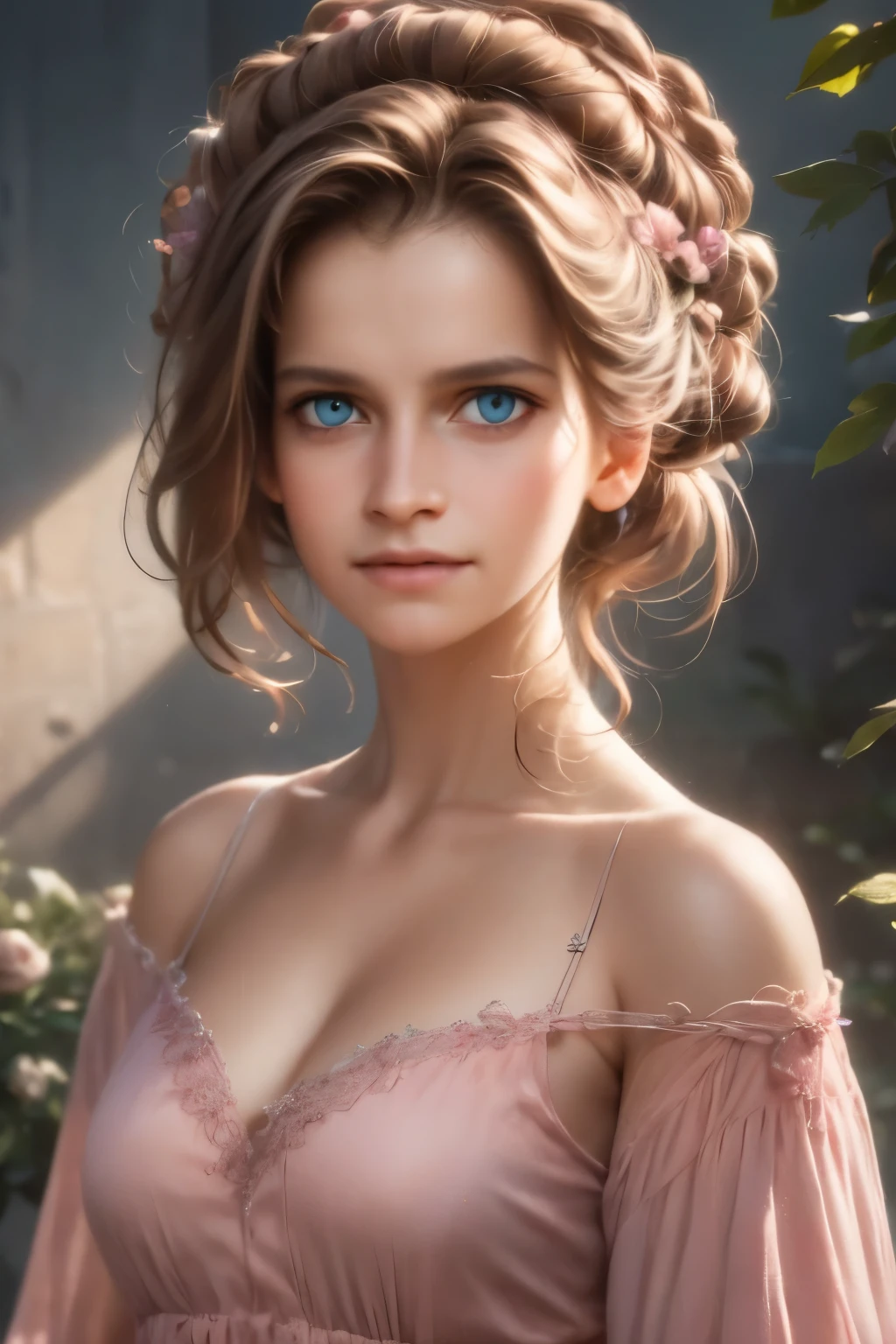 8K, Best Quality, Masterpiece, Ultra High Resolution, (Realism: 1.4), Original Photo, (Realistic Skin Texture: 1.3), (Film Grain: 1.3), (Selfie Angle), 1 Girl, Pink Clothes, Sapphire Color Eyes and Beautiful Face Details, Masterpiece, Best Quality, Close Up, Upper Body