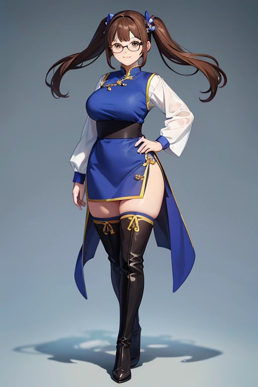 Anime drawings、Full body portrait、Space SF Merchant、A curvy woman, about 160cm tall and about 19 years old, wearing blue Chinese-style traditional clothing, walking、A nasty smile、Short medium length hair tied in twin tails、Brown Hair、Black spats、Thigh-high boots、Glasses
