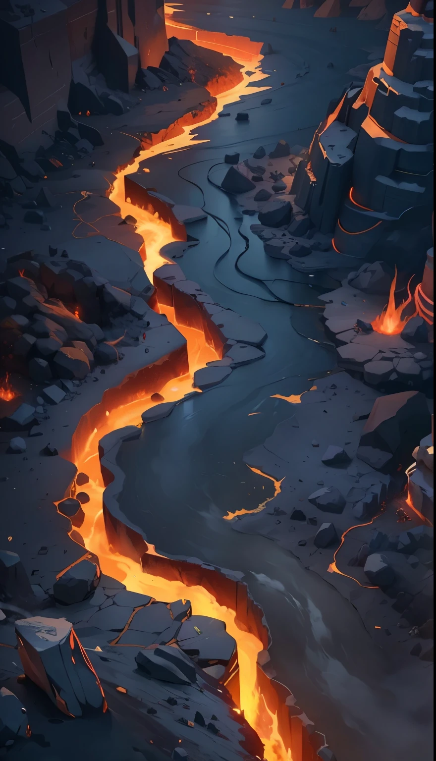Volcano scene,There is a long lava stream in the middle.,There is a clean road next to it,Vertical Image,Cartoon,Isometric 2D Game Art, masterpiece, Super detailed good quality