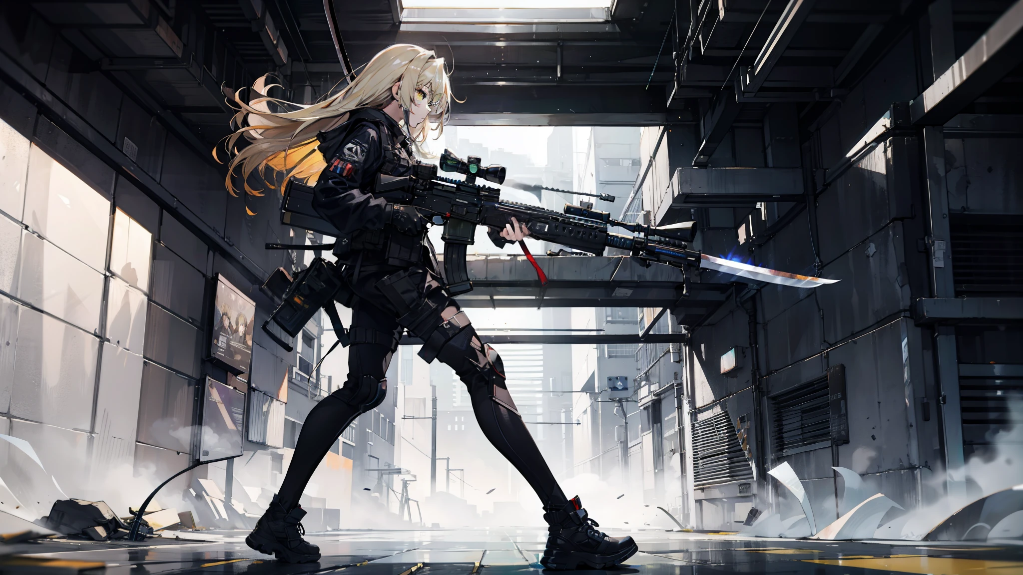 1 girl, solo, {{masterpiece, best quality, extremely detailed CG, unity 8k wallpaper, cinematic lighting, lens flare}}, a girl shooting a rifle, wide view, full body, thick body, long blond hair, green eyes, (holding weapon, holding rifle, aiming, aim, open fire, firing:1.4), , h&k hk416, carbine, (side view:1.4)