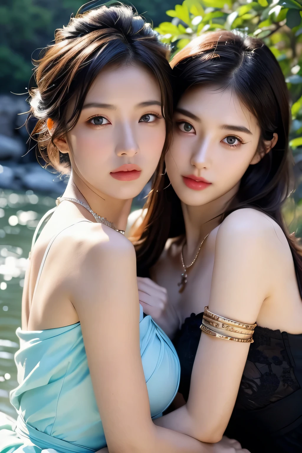 ((Realistic:1.5)),Ulzzang-6500:0.7,((Best quality)), ((Masterpiece)),((Detailed)),2girls,duo,{2 beautiful women}, (Upper body:1.3),Hug and touch each other, Tease your friend's waist, Breathless friends, Biting a friend's earlobe, crouched,super wide shot,Face focus, Long legs,Curvy, Barefoot,Wide hips, Thin legs, Oversized eyes,Long eyelashes, (Detailed face,beautidful eyes, detailedpupils,detailed clothes features, Clear background:1.3), (armlets, bangle:1.3), Mysterious ancient ruins, floresta exuberante, Deep canyon,bridge,River,cliff,Cloud,lakes,Rock music,Waterfalls, Flowers, Grass,grape trees,tree,bright detail,Sharp,Perfect compounding, Intricate, Sharp focus, Dramatic,