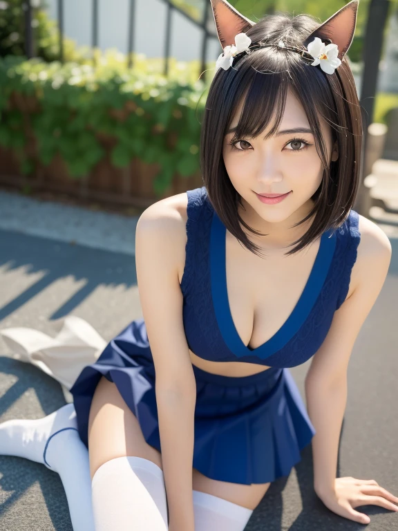 (Highest quality: 1.5), (Realistic: 1.5), (1 person: 1.5), Highly detailed, High resolution, 8k, slightly saggy medium breasts, Natural colored lips, Cute smile, Japanese woman, 20 year old girl, beautiful and graceful features, perfect and beautiful face, balanced big eyes, brunette eyes, beautiful and graceful features, natural double eyelids, natural bangs, beautiful thin nose, beautiful skin, medium bob hair , natural bangs , perfect and beautiful face, slim face and figure, blue summer sky, socks, (looking at the camera with a sweet smile), bright lighting, professional lighting, forward lighting, beautiful legs: 1.2, smooth skin, slender body, slim waistline, slim thin thighs, cleavage, detailed clothes, micro mini skirt, aakitasan, animal ears, short hair, streaked hair, hair ornament, medium breasts, cleavage, clothing cutout, detached sleeves, shimenawa, skirt, black thighhighs、 sit on the roof ,