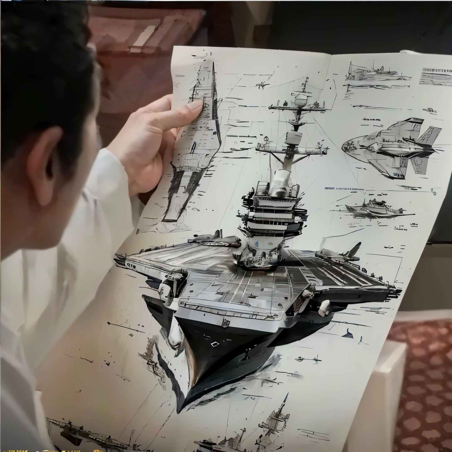 a man holding a piece of paper with a drawing of a ship, realistic warship design, masterpiece concept art, aircraft carrier scene, look at that detail!, prop design, stardestroyer in the background, 4k. detailed drawing, noriyoshi ohrai masterpiece, lockheed concept art, boeing concept art, aircraft carrier, boeing concept art painting