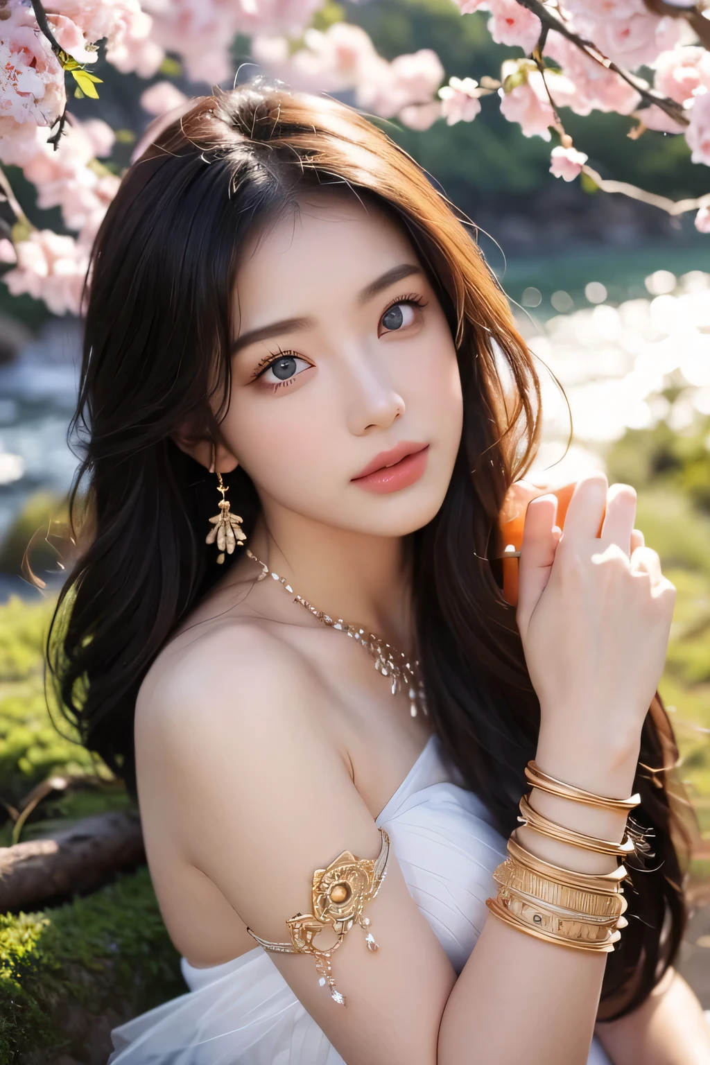 ((Realistic:1.5)),Ulzzang-6500:0.7,((Best quality)), ((Masterpiece)),((Detailed)),2girls,duo,{2 beautiful women}, (Upper body:1.3),Hug and touch each other, Tease your friend's waist, Breathless friends, Biting a friend's earlobe, crouched,super wide shot,Face focus, Long legs,Curvy, Barefoot,Wide hips, Thin legs, Oversized eyes,Long eyelashes, (Detailed face,beautidful eyes, detailedpupils,detailed clothes features, Clear background:1.3), (armlets, bangle:1.3), Mysterious ancient ruins, floresta exuberante, Deep canyon,bridge,River,cliff,Cloud,lakes,Rock music,Waterfalls, Flowers, Grass,grape trees,tree,bright detail,Sharp,Perfect compounding, Intricate, Sharp focus, Dramatic,