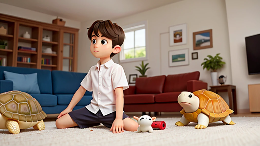 Short hair boy white shirt, Playing with a cute turtle, In the living room of the house