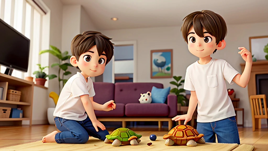 Short hair boy white shirt, Playing with a cute turtle, In the living room of the house