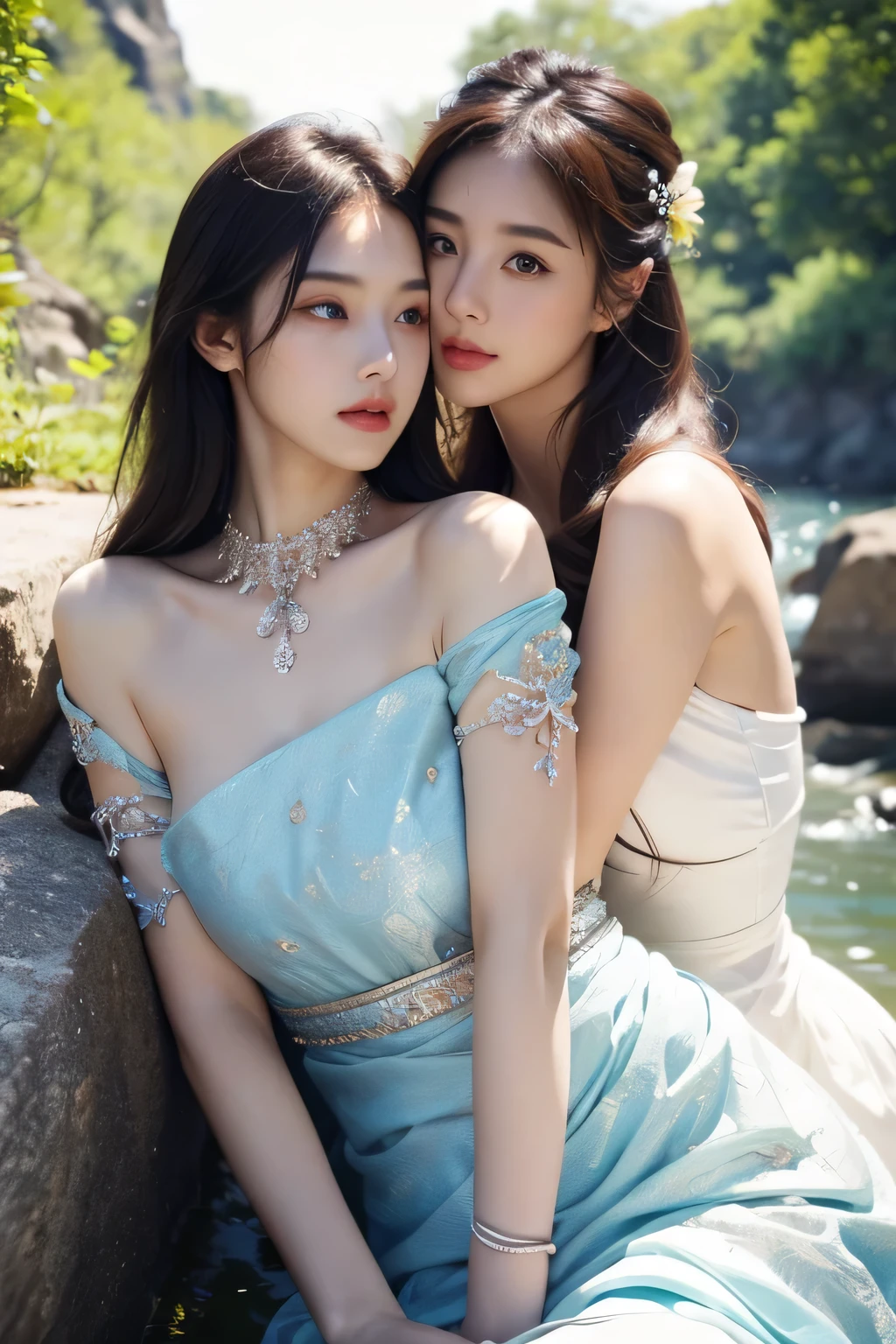 ((Realistic:1.5)),Ulzzang-6500：0.7，((Best quality)), ((Masterpiece)),((Detailed)),2girls,duo,{2 beautiful women}, (Upper body:1.3),Hug and touch each other, Tease your friend's waist, Breathless friends, Biting a friend's earlobe, crouched,super wide shot,Face focus, Long legs,Curvy, Barefoot,Wide hips, Thin legs, Oversized eyes,Long eyelashes, (Detailed face,beautidful eyes, detailedpupils,detailed clothes features, Clear background:1.3), (armlets, bangle:1.3), Mysterious ancient ruins, floresta exuberante, Deep canyon,bridge,River,cliff,Cloud,lakes,Rock music,Waterfalls, Flowers, Grass,grape trees,tree,bright detail,Sharp,Perfect compounding, Intricate, Sharp focus, Dramatic,