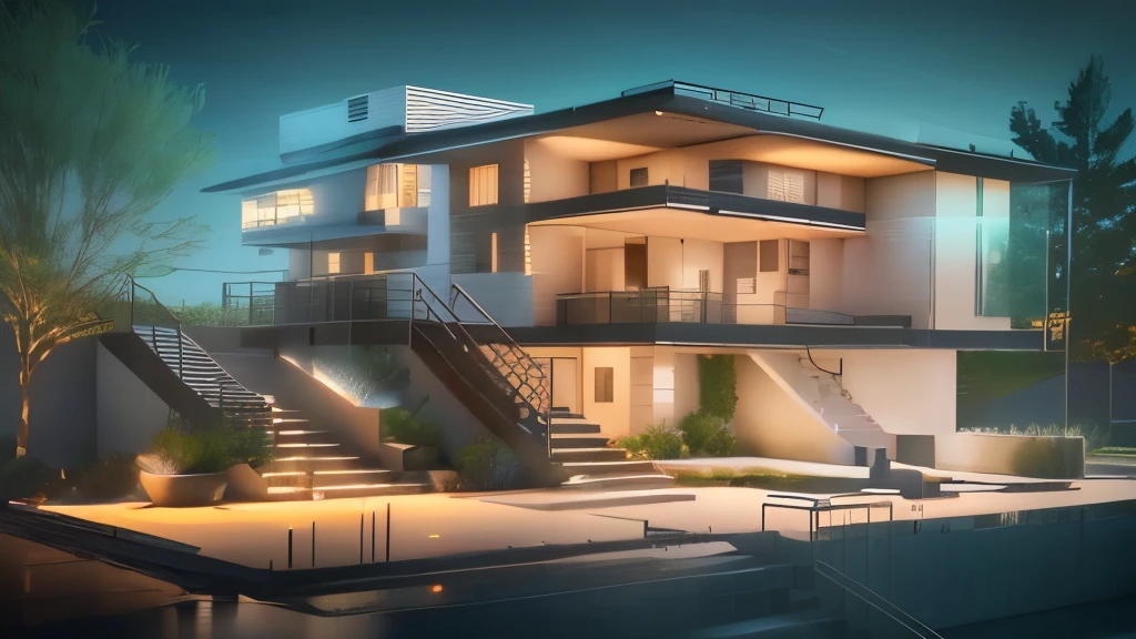 Illustration of a modern house with stairs and living room, 3d rendering beeple, abstract 3d rendering, depicted as a 3 d render, 3d rendering风格, 3D ios room photos, beautiful 3d rendering, 高清晰度 3d rendering, 3d rendering, 3d rendering, Beep Rendering，Ultra-clear details，Realistic textures，Exquisite light and shadow