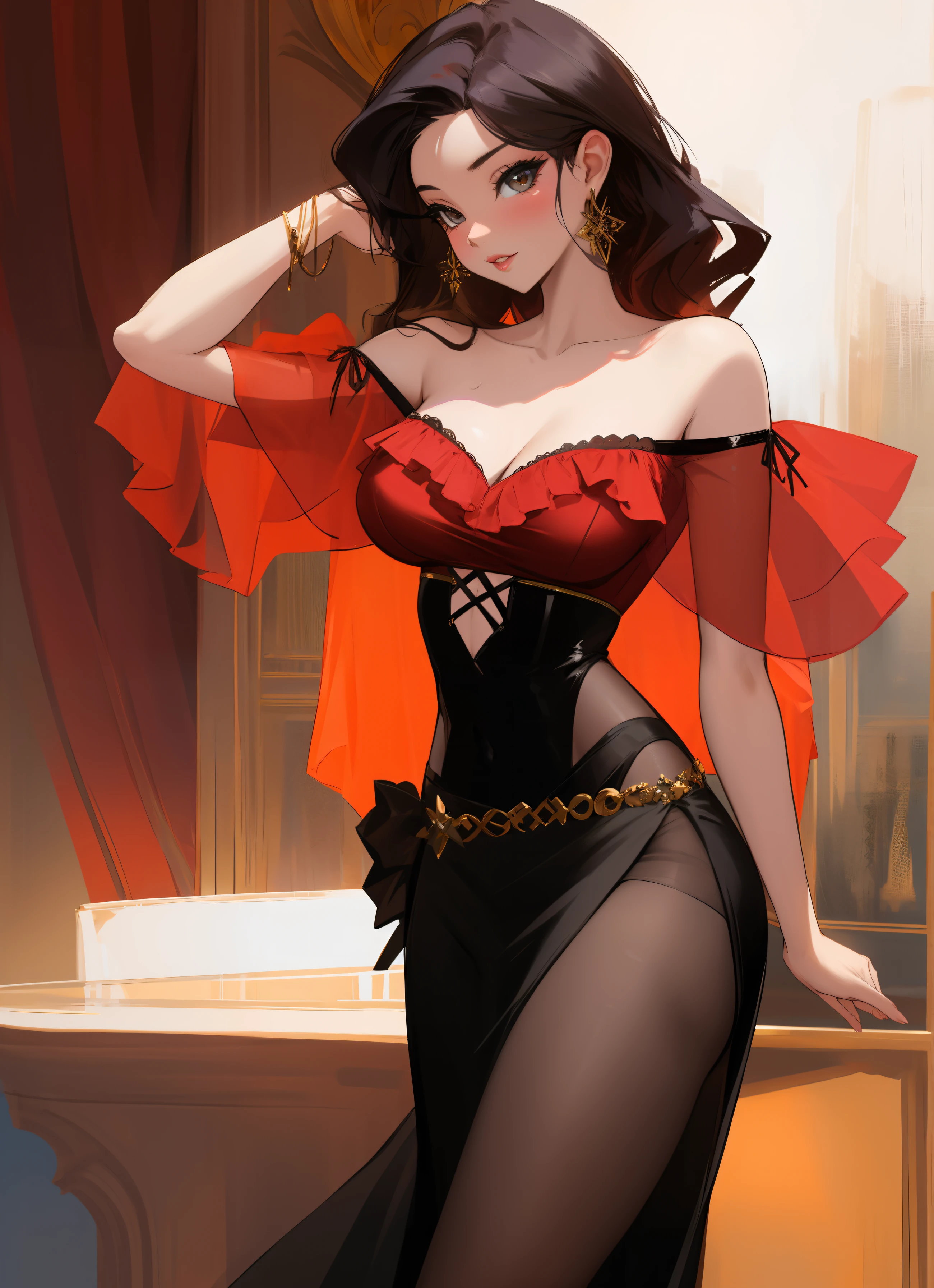 Sexy woman posing gracefully in a chiffon off-shoulder bustier, paired with an elegant skirt.