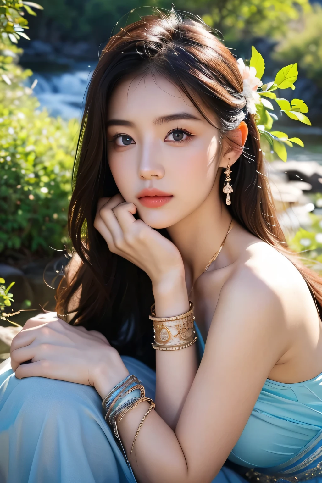 ((Realistic:1.5)),Ulzzang-6500:0.7,((Best quality)), ((Masterpiece)),((Detailed)),2girls,duo,{2 beautiful women}, (Upper body:1.3),Hug and touch each other, Tease your friend's waist, Breathless friends, Biting a friend's earlobe, crouched,super wide shot,Face focus, Long legs,Curvy, Barefoot,Wide hips, Thin legs, Oversized eyes,Long eyelashes, (Detailed face,beautidful eyes, detailedpupils,detailed clothes features, Clear background:1.3), (armlets, bangle:1.3), Mysterious ancient ruins, floresta exuberante, Deep canyon,bridge,River,cliff,Cloud,lakes,Rock music,Waterfalls, Flowers, Grass,grape trees,tree,bright detail,Sharp,Perfect compounding, Intricate, Sharp focus, Dramatic,
