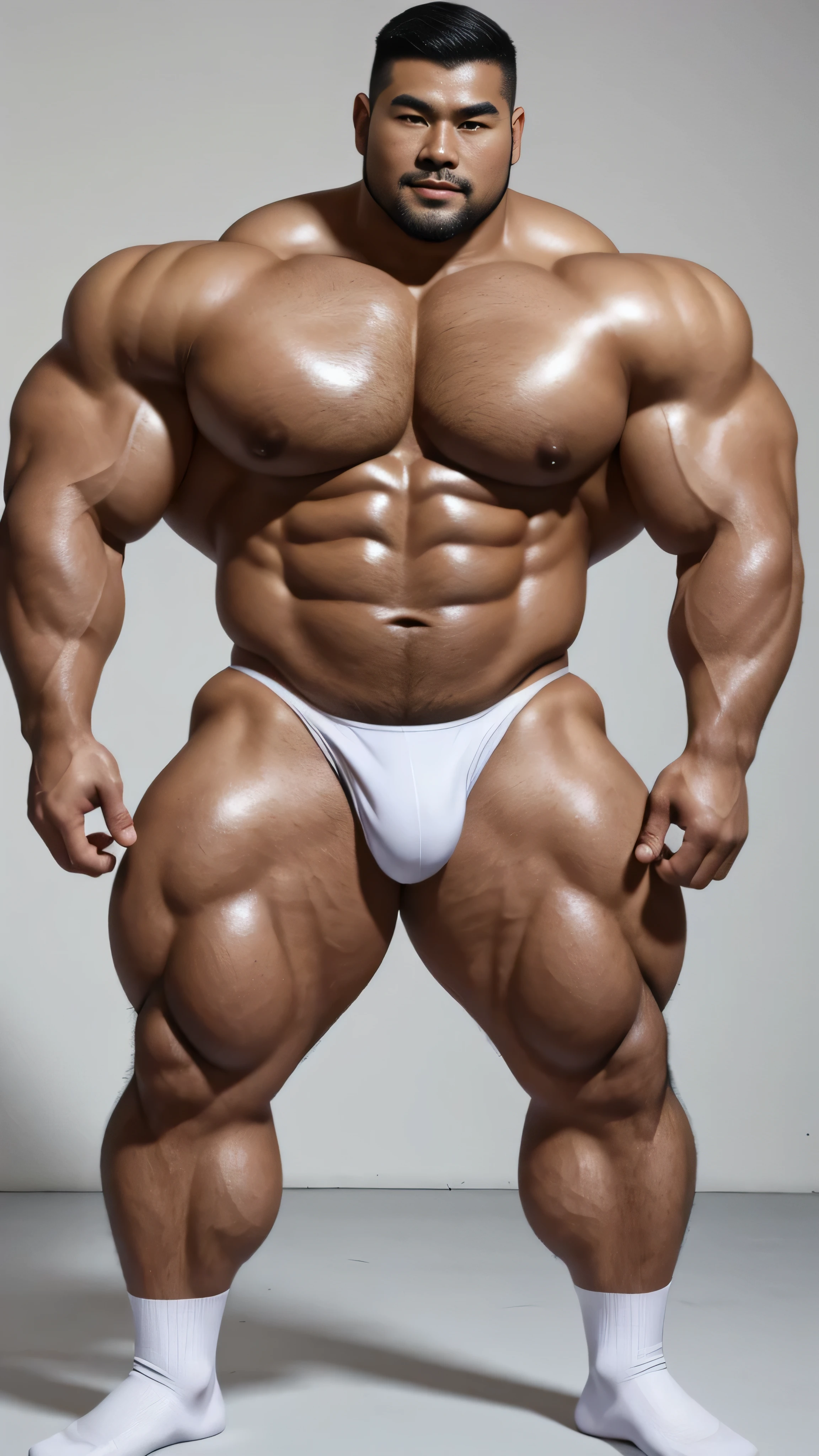 A Chinese bodybuilder,30 years old,Tall and handsome, Toned body,short hair, O-Shaped Beard,Perfect body, Dark and shiny skin,Smooth skin,The body is hairless,Muscle bulge, muscular, Very large pectoral muscles,Very sexy abdominal muscles,Very well-developed leg muscles,Huge concave and convex area,Brightens oily skin,Wearing a gold leather shiny thong,Handsome face, Correct and accurate male body proportions, full-body shot, muscular,Wear white socks,Standing in front of gray background,Ultra-high-definition 4K picture quality。