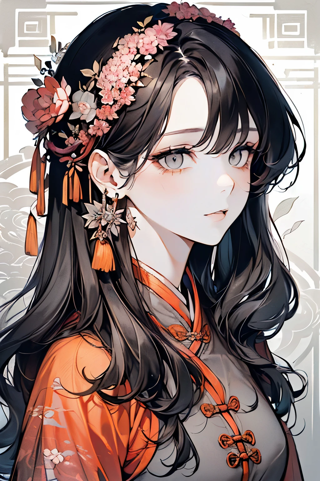 (Adult woman around 30 years old:1.45)、(masterpiece、highest quality、highest quality、Beautiful and beautiful:1.2)、(Good anatomy:1.5)、(Long wavy hair:1.5)、(black hair:1.4)、(Rich nature background:1.2)、(Hanfu costume:1.35)、Large earrings、((Lightyellow、orange、Pink costume:1.1))、((Grey Eyes:1.3))、((Elegant atmosphere:1.2))、A gentle smile、Close-up of face