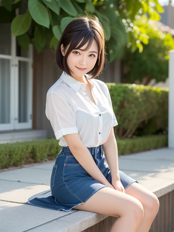 (Highest quality: 1.5), (Realistic: 1.5), (1 person: 1.5), Highly detailed, High resolution, 8k, slightly saggy medium breasts, Natural colored lips, Cute smile, Japanese woman, 20 year old girl, beautiful and graceful features, perfect and beautiful face, balanced big eyes, brunette eyes, beautiful and graceful features, natural double eyelids, natural bangs, beautiful thin nose, beautiful skin, medium bob hair , natural bangs , perfect and beautiful face, slim face and figure, blue summer sky,  socks, (looking at the camera with a sweet smile), bright lighting, professional lighting, forward lighting, beautiful legs: 1.2, smooth skin, slender body, slim waistline, slim thin thighs,  cleavage, detailed clothes, micro mini skirt, special week \(umamusume\), special week uniform, special_week_\(Umamusume)、 sit on the roof ,