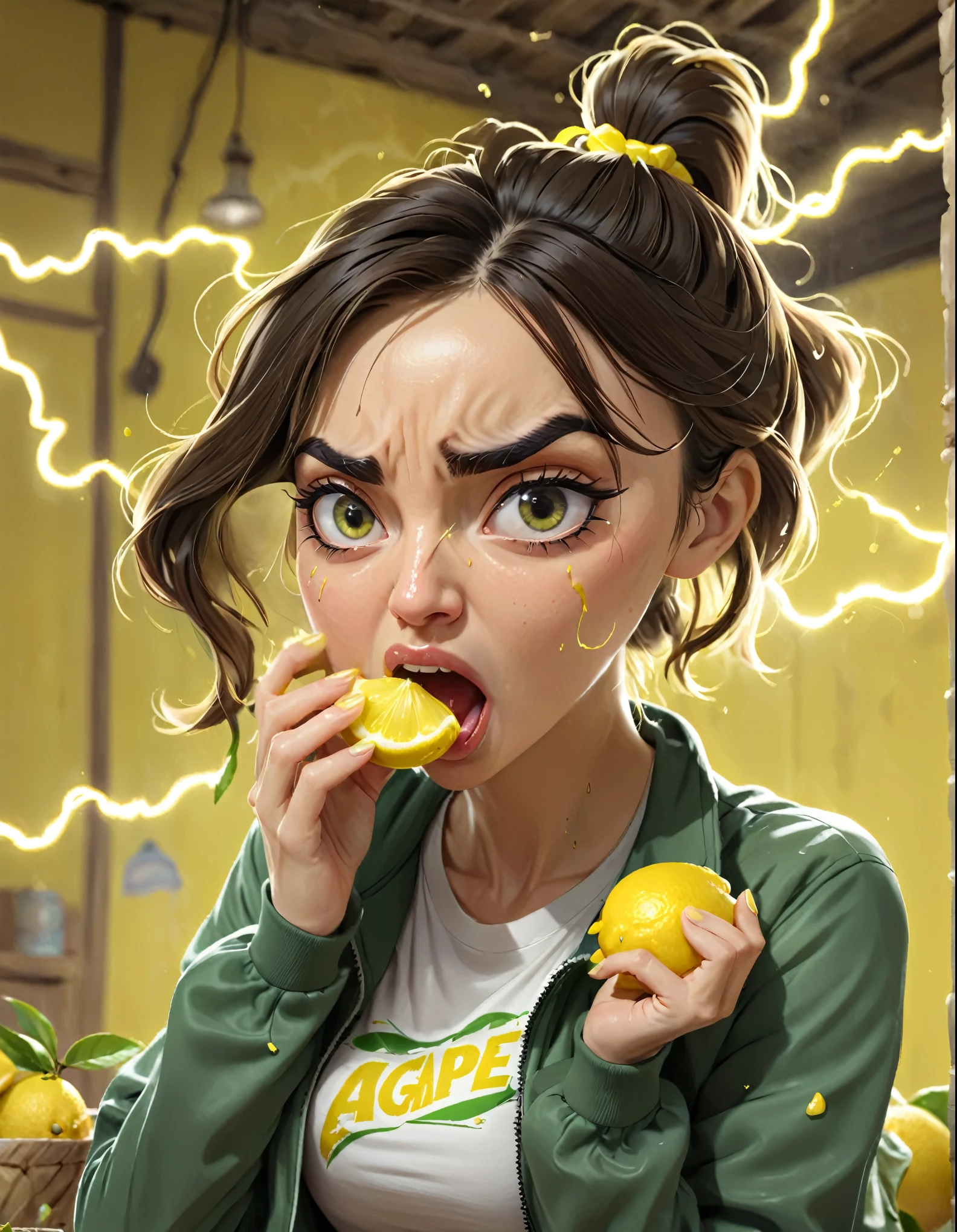 Lemon Eating Challenge, a beautiful woman eating a lemon in her hand, face scrunched up, (squint:1.3), face contorted with a disgusted, pained expression, mouth agape, eyebrows furrowed, T-shirts, jackets, lightning animation background